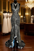 Vintage Mermaid V Neckline Gray Sequin Long Formal Prom Gown Fairy Formal Prom Dress