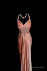 Vintage Mermaid V Neckline Pink Backless Long Prom Gown Fairy Prom Dresses