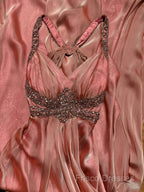 Vintage Mermaid V Neckline Pink Backless Long Formal Prom Gown Fairy Formal Prom Dress