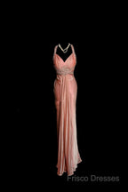 Vintage Mermaid V Neckline Pink Backless Long Formal Prom Gown Fairy Formal Prom Dress