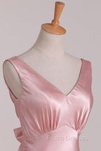 Vintage Mermaid V Neckline Pink Satin Long Formal Prom Dress Party Evening Dress
