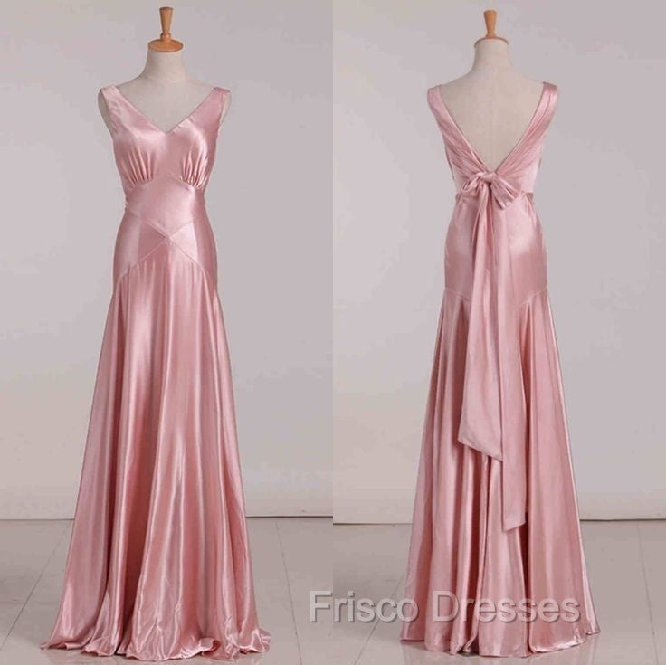 Vintage Mermaid V Neckline Pink Satin Long Formal Prom Dress Party Evening Dress