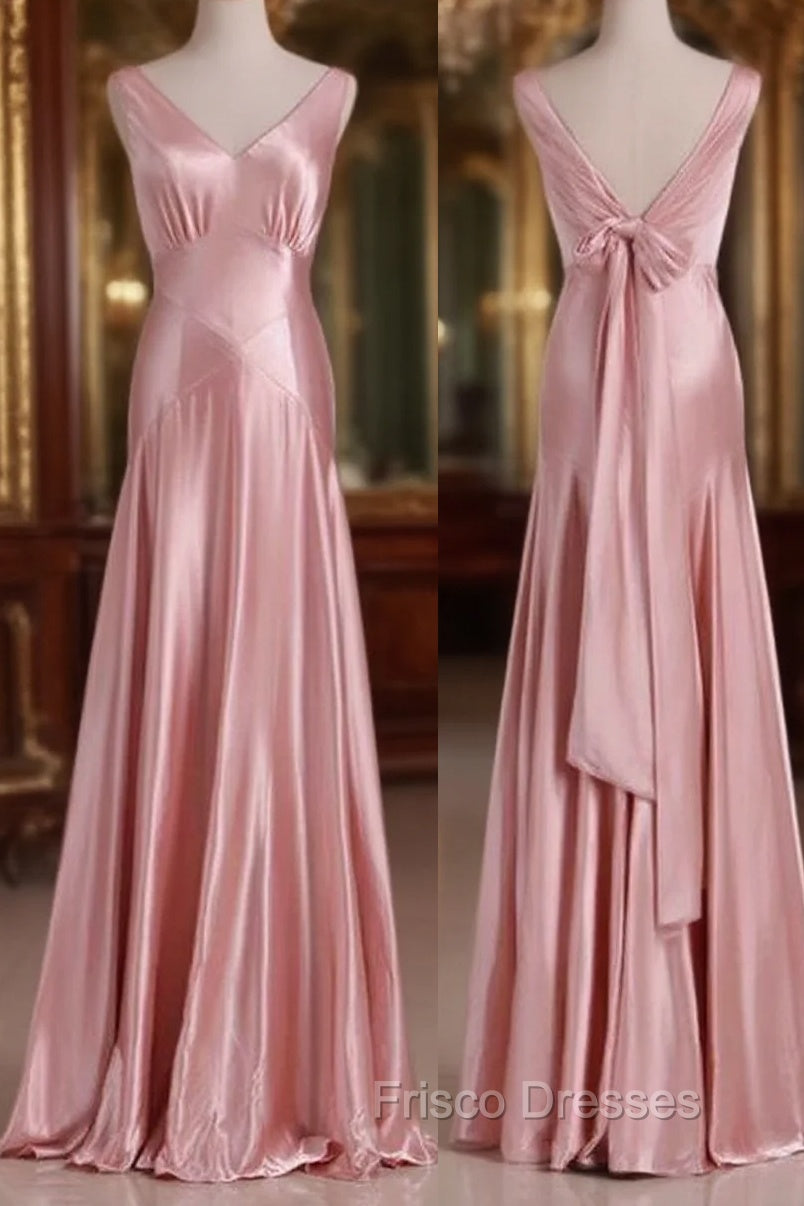 Vintage Mermaid V Neckline Pink Satin Long Formal Prom Dress Party Evening Dress Main image