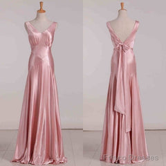 Vintage Mermaid V Neckline Pink Satin Long Prom Dresses Party Evening Dress