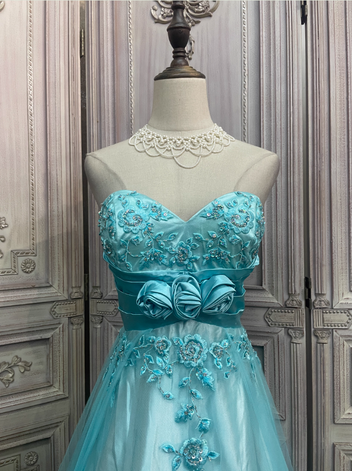 light blue formal dresses long Light Blue Floral Layers Spaghetti Straps Long Prom Dress with Slit Light Blue / US 4
