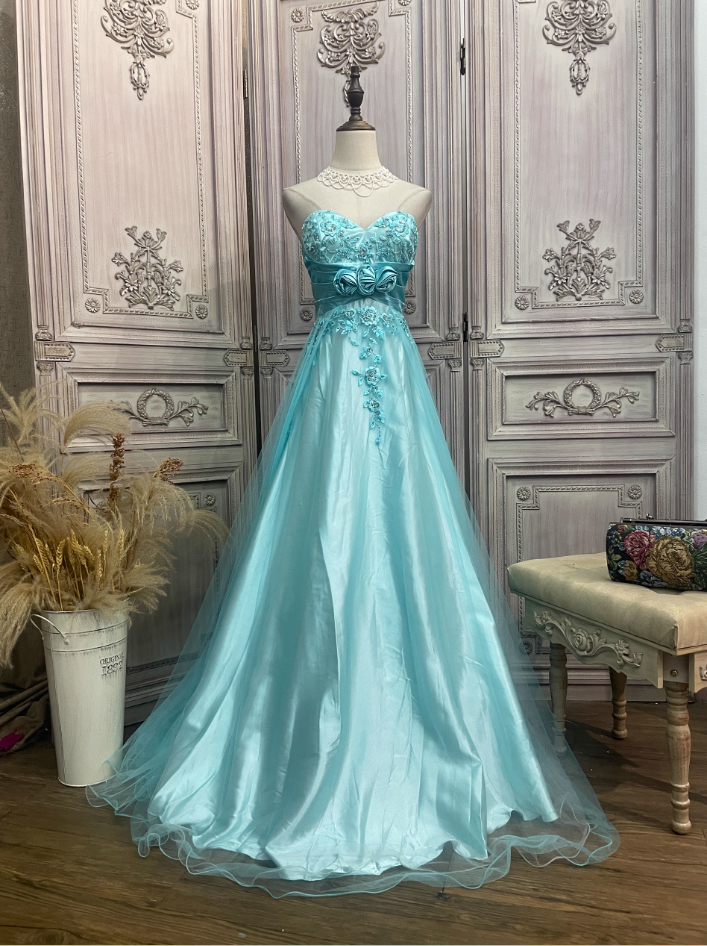 Vintage Mint Ice Blue A-Line Strapless 3D Floral Embroidery Satin Tulle Long Prom Dress Evening Dress