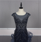Vintage Navy Blue Mermaid Crew Neck Beaded Tulle Train Prom Dress Evening Dress