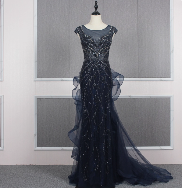 Vintage Navy Blue Mermaid Crew Neck Beaded Tulle Train Prom Dress Evening Dress