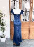 Vintage Navy Blue Mermaid Puff Sleeve Satin Long Prom Dress Evening Dress