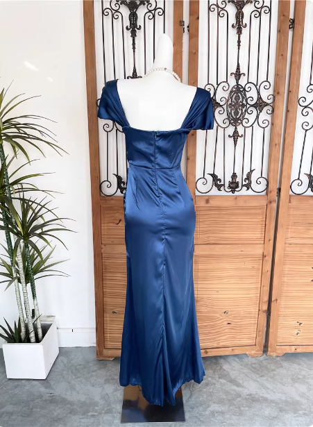 Vintage Navy Blue Mermaid Puff Sleeve Satin Long Prom Dress Evening Dress
