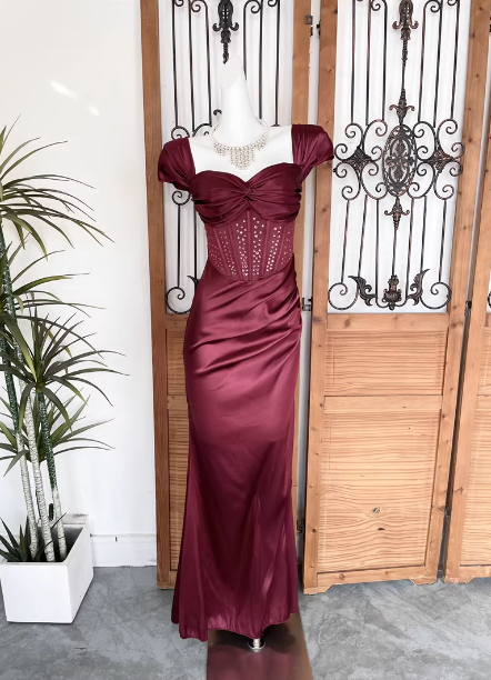 Vintage Navy Blue Mermaid Puff Sleeve Satin Long Prom Dress Evening Dress