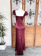 Vintage Navy Blue Mermaid Puff Sleeve Satin Long Prom Dress Evening Dress