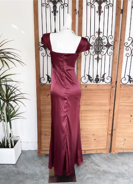 Vintage Navy Blue Mermaid Puff Sleeve Satin Long Prom Dress Evening Dress