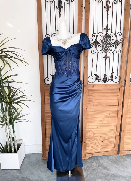 Vintage Navy Blue Mermaid Puff Sleeve Satin Long Prom Dress Evening Dress Main image