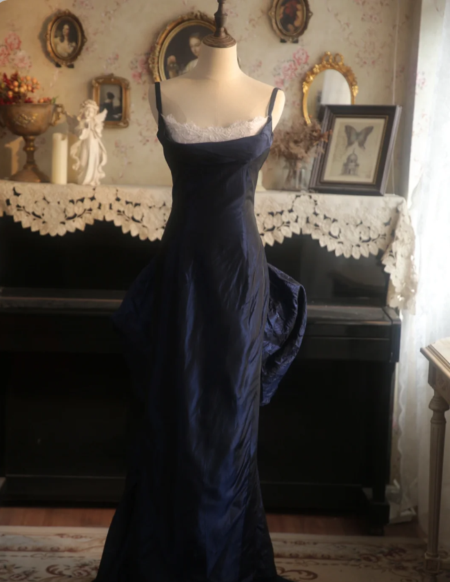 Vintage Navy Blue Mermaid Spaghetti Strap Square Neck Backless Satin Train Prom Dress Evening Dress Main image