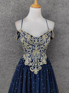 Vintage Navy Blue Off-Shoulder Gold Embroidered Rhinestone Tulle Long Prom Dress Evening Dress