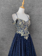 Vintage Navy Blue Off-Shoulder Gold Embroidered Rhinestone Tulle Long Prom Dress Evening Dress