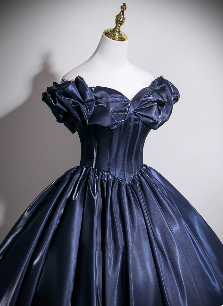 Vintage Navy Blue Off-The-Shoulder Satin Ball Gown Evening Dress Sweet 16 Dress Secondary image