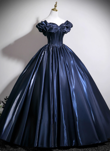 Vintage Navy Blue Off-The-Shoulder Satin Ball Gown Evening Dress Sweet 16 Dress