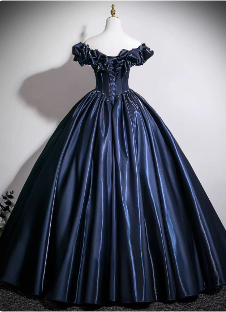 Vintage Navy Blue Off-The-Shoulder Satin Ball Gown Evening Dress Sweet 16 Dress