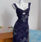 Vintage Navy Blue Spaghetti Strap Printed Lace Tulle Long Prom Dress Evening Dress
