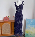 Vintage Navy Blue Spaghetti Strap Printed Lace Tulle Long Prom Dress Evening Dress