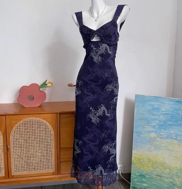 Vintage Navy Blue Spaghetti Strap Printed Lace Tulle Long Prom Dress Evening Dress