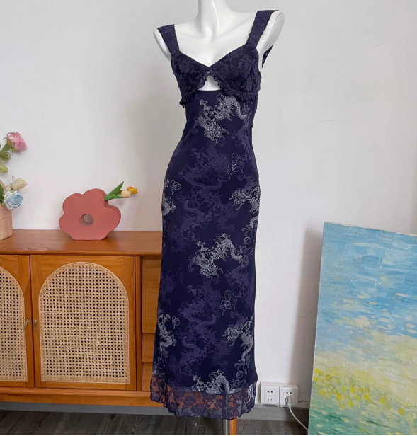 Vintage Navy Blue Spaghetti Strap Printed Lace Tulle Long Prom Dress Evening Dress Main image