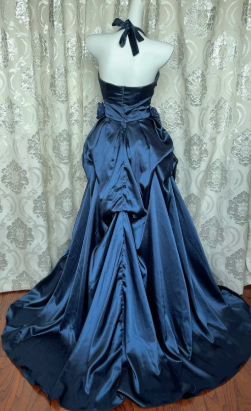 Vintage Navy Blue Strapless Satin Long Ball Gown Evening Dress