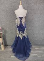 Vintage Navy Blue Sweetheart Neck Lace Rhinestone-Embellished Tulle Long Prom Dress Evening Dress