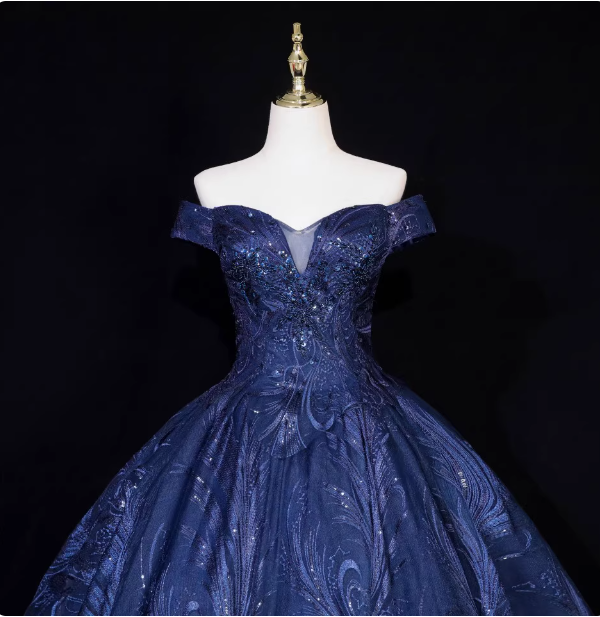 Vintage Navy Blue Off-The-Shoulder Beaded Embroidered Tulle Prom Dress Evening Dress Secondary image