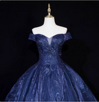 Vintage Navy Blue Off-The-Shoulder Beaded Embroidered Tulle Prom Dress Evening Dress
