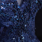 Vintage Navy Blue Off-The-Shoulder Beaded Embroidered Tulle Prom Dress Evening Dress