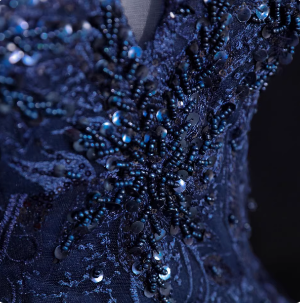 Vintage Navy Blue Off-The-Shoulder Beaded Embroidered Tulle Prom Dress Evening Dress