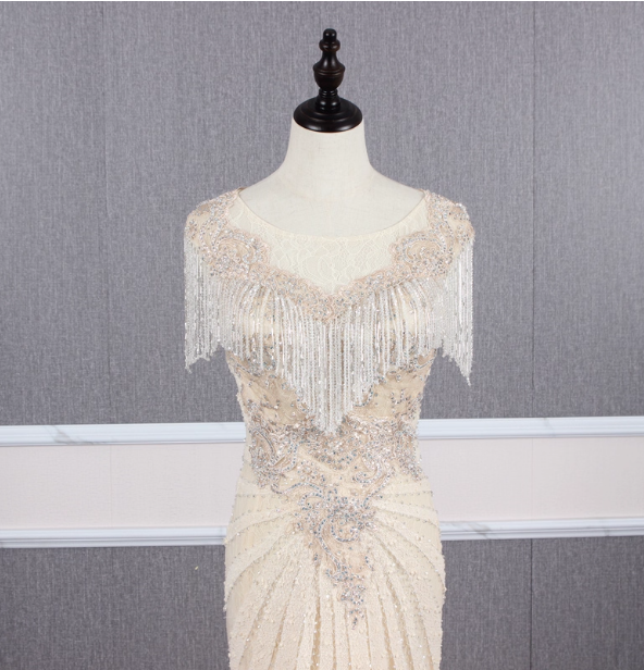 Vintage Off-White Mermaid Crew Neck Fringed Beaded Lace Train Prom Dress Evening Dress Secondary image
