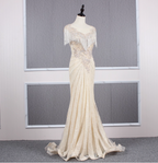 Vintage Off-White Mermaid Crew Neck Fringed Beaded Lace Train Prom Dress Evening Dress