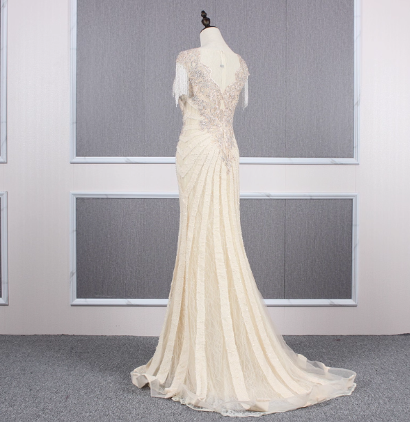 Vintage Off-White Mermaid Crew Neck Fringed Beaded Lace Train Prom Dress Evening Dress
