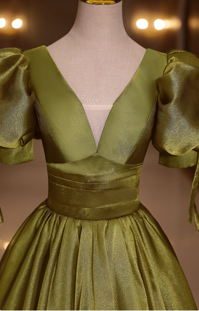 Vintage Olive Green Deep V-Neck Puff Sleeve Satin Long Prom Dress Evening Dress