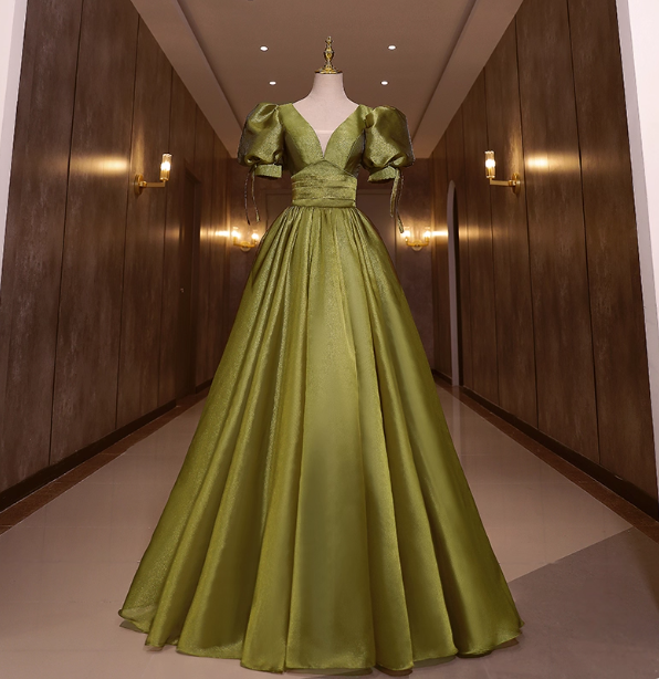 Vintage Olive Green Deep V-Neck Puff Sleeve Satin Long Prom Dress Evening Dress Main image