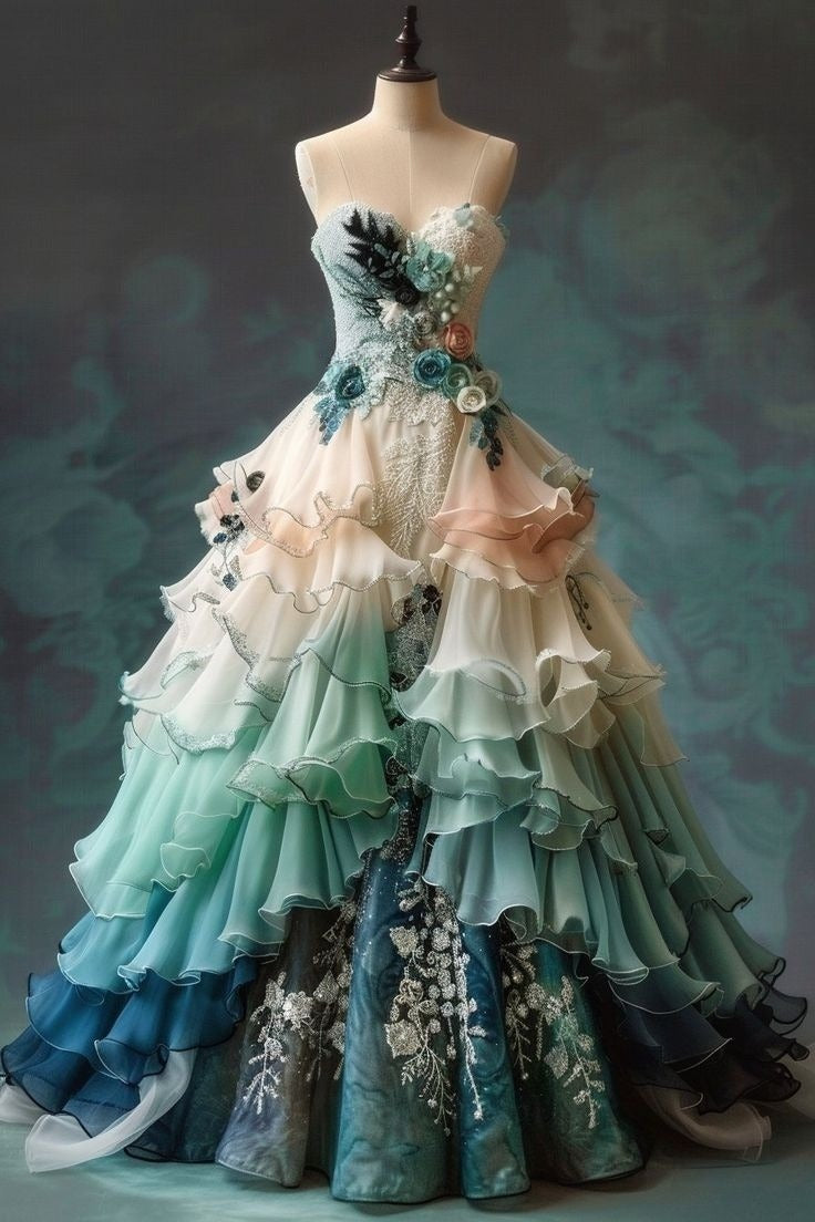 Vintage Ombre  Sweetheart Chiffon Long Ball Gown Embroidered Applique Sweet Floral Formal Dress Main image