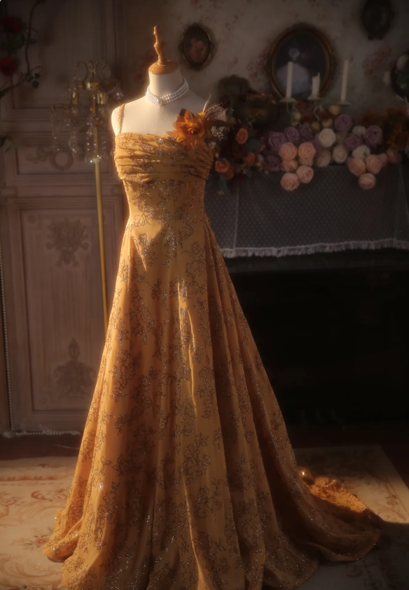 Vintage Orange A-Line Spaghetti Strap Sequined Floral Train Prom Dress Evening Dress Main image
