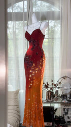 Vintage Orange Chiffon Strap Mermaid Beaded Evening Gown Prom Dress