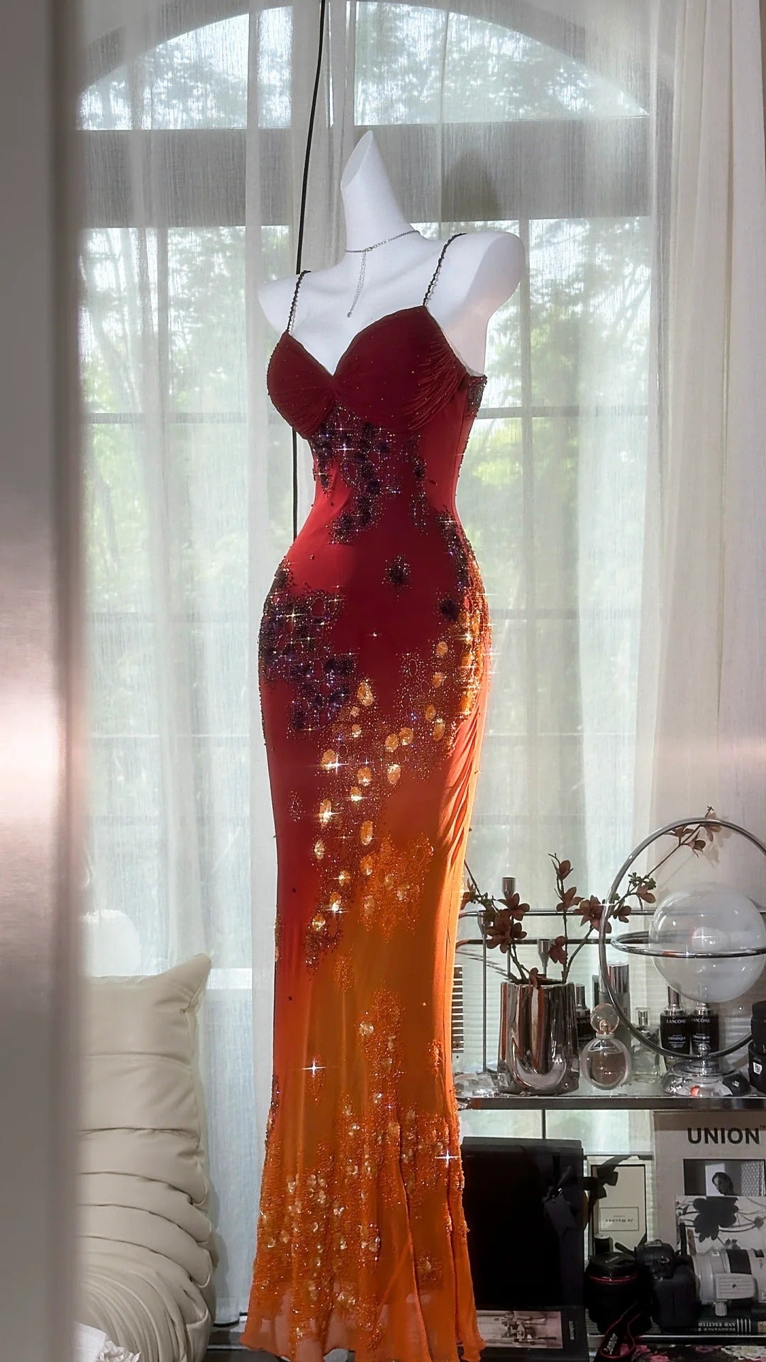 Vintage Orange Chiffon Strap Mermaid Beaded Evening Gown Prom Dress