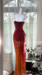Vintage Orange Chiffon Strap Mermaid Beaded Evening Gown Prom Dress