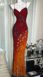Vintage Orange Chiffon Strap Mermaid Beaded Evening Gown Prom Dress