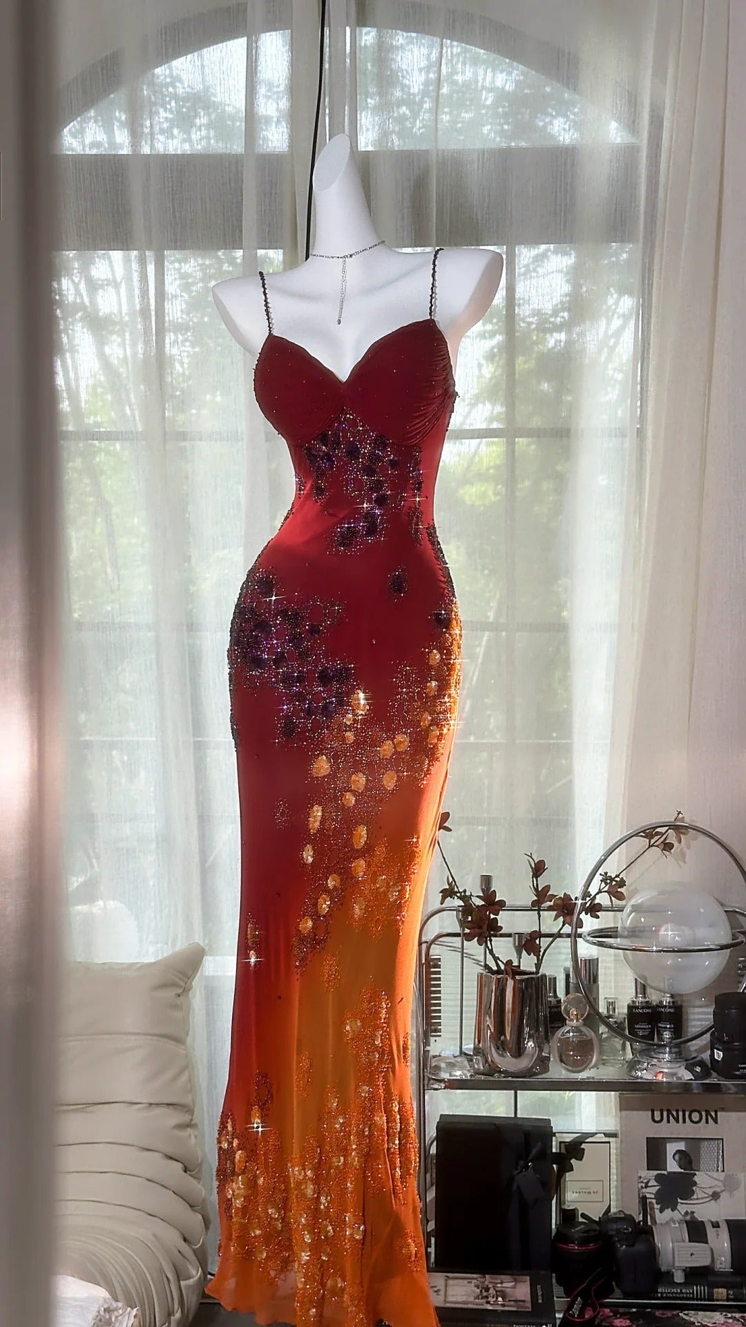 Vintage Orange Chiffon Strap Mermaid Beaded Evening Gown Prom Dress Main image