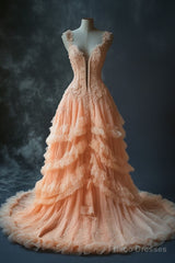 Vintage Pastel Orange Mermaid V-Neck Tulle Applique Long Prom Dress Sweet Beaded Formal Evening Dress