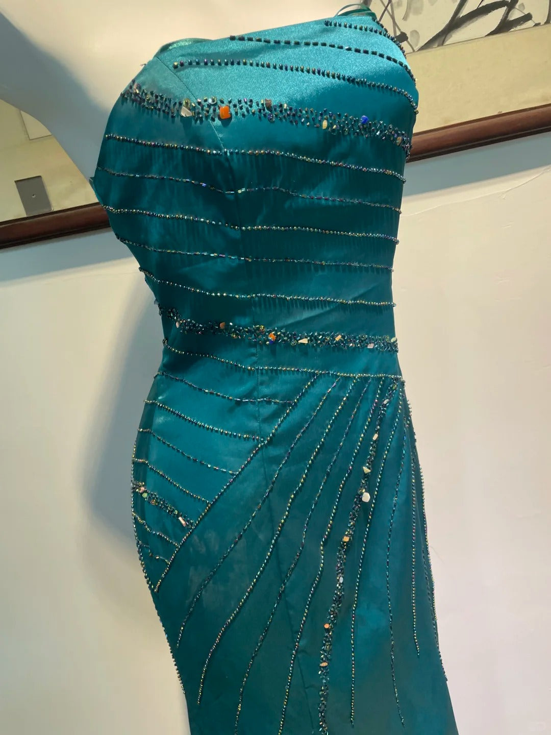 Vintage Peacock Blue Mermaid Strapless Beaded Satin Long Prom Dress Evening Dress