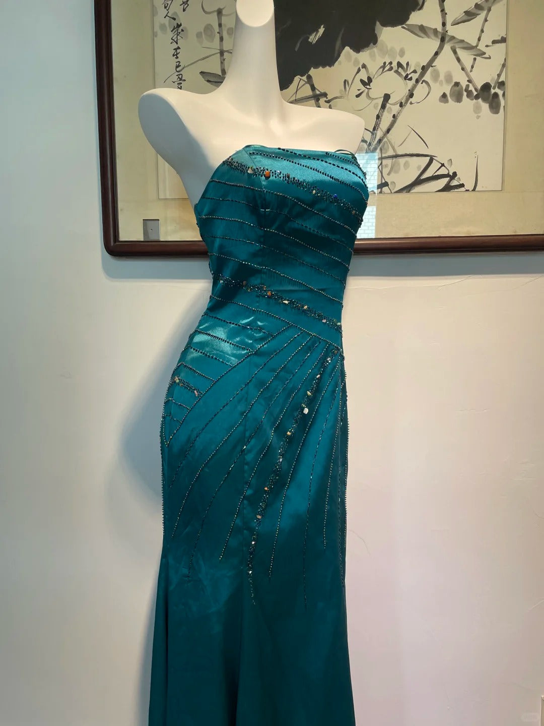 Vintage Peacock Blue Mermaid Strapless Beaded Satin Long Prom Dress Evening Dress