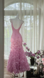 Vintage Pink V-Neck Beaded Mermaid Petal Skirt Prom Dress